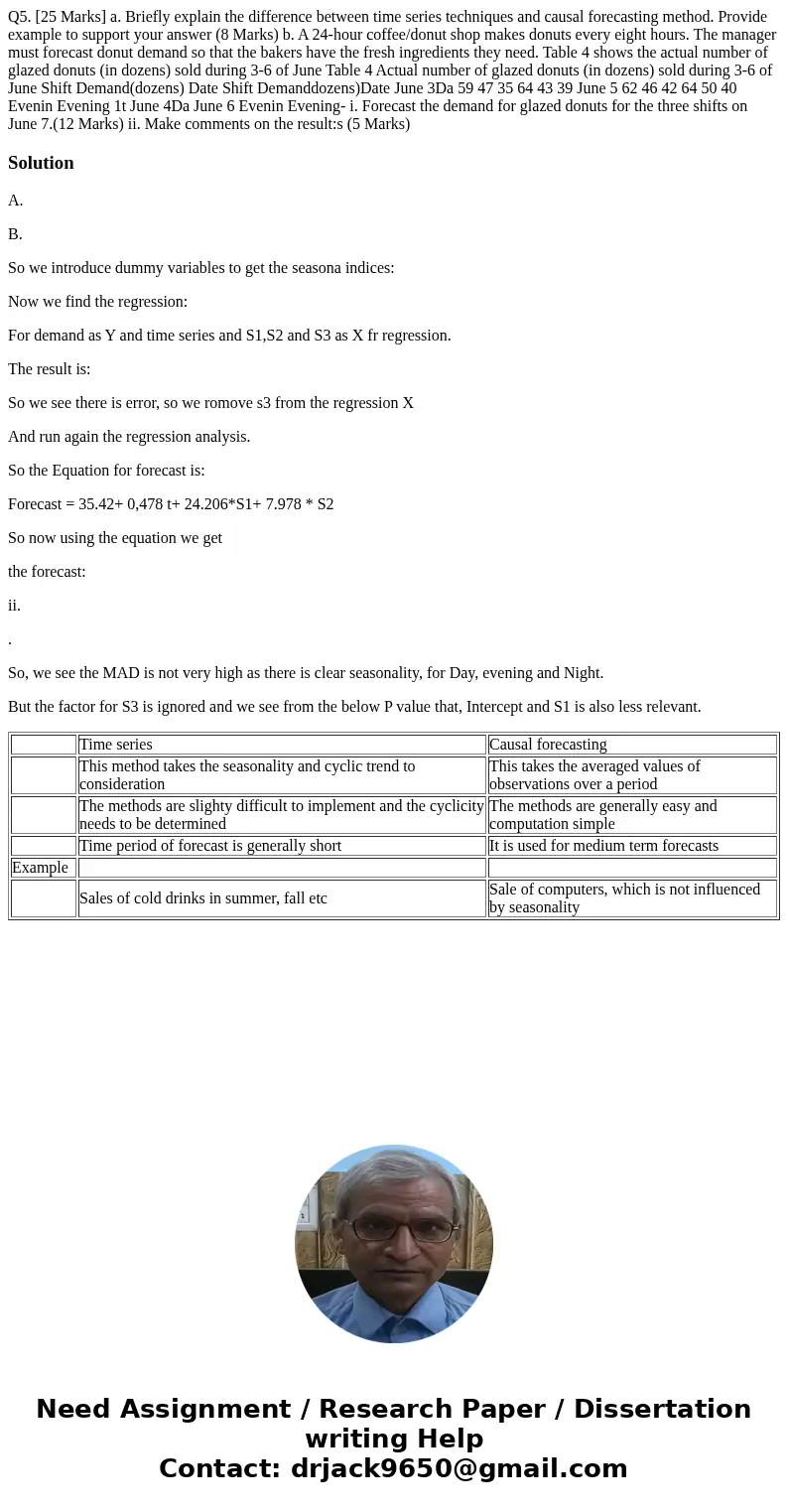 Q5. [25 Marks] a. Briefly explain the difference between time series techniques and causal forecasting method. Provide example to support your answer (8 Marks)