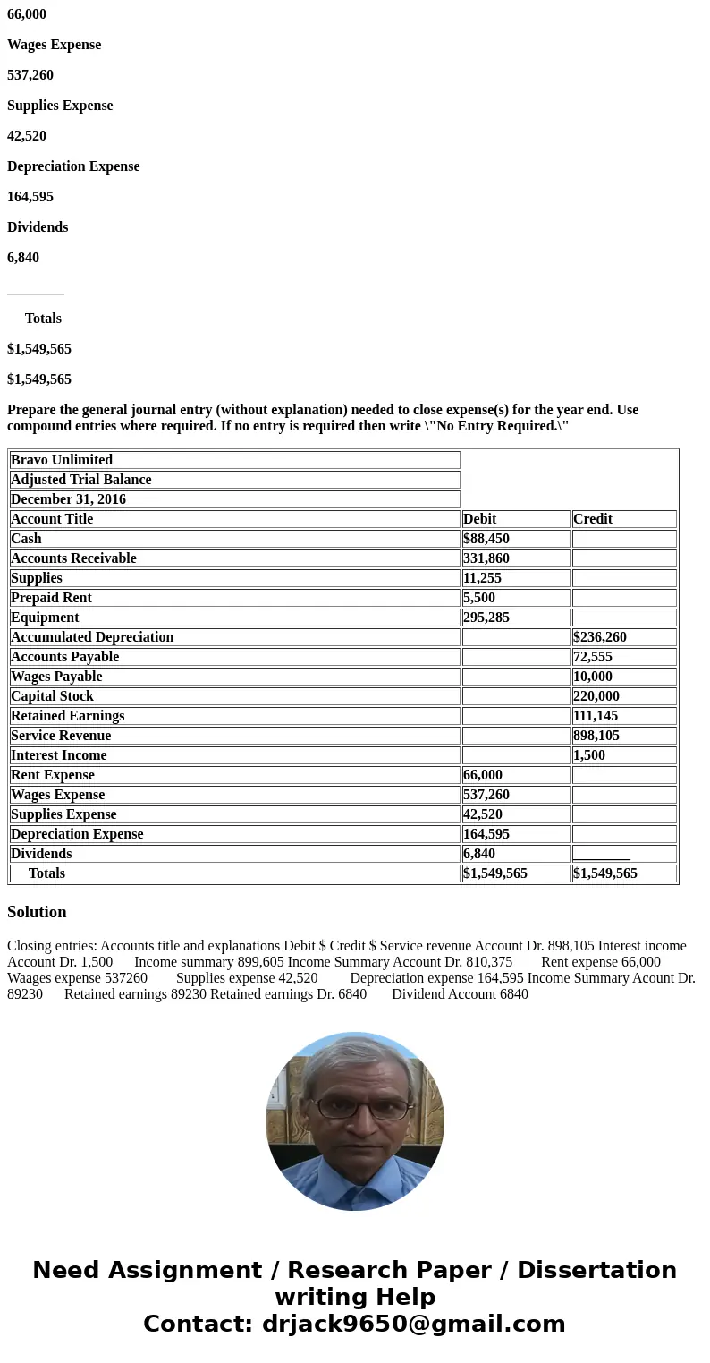 Question 3 (30 points) The following is the Bravo Unlimited adjusted Trial Balance. Bravo Unlimited Adjusted Trial Balance December 31, 2016 Account Title Debit