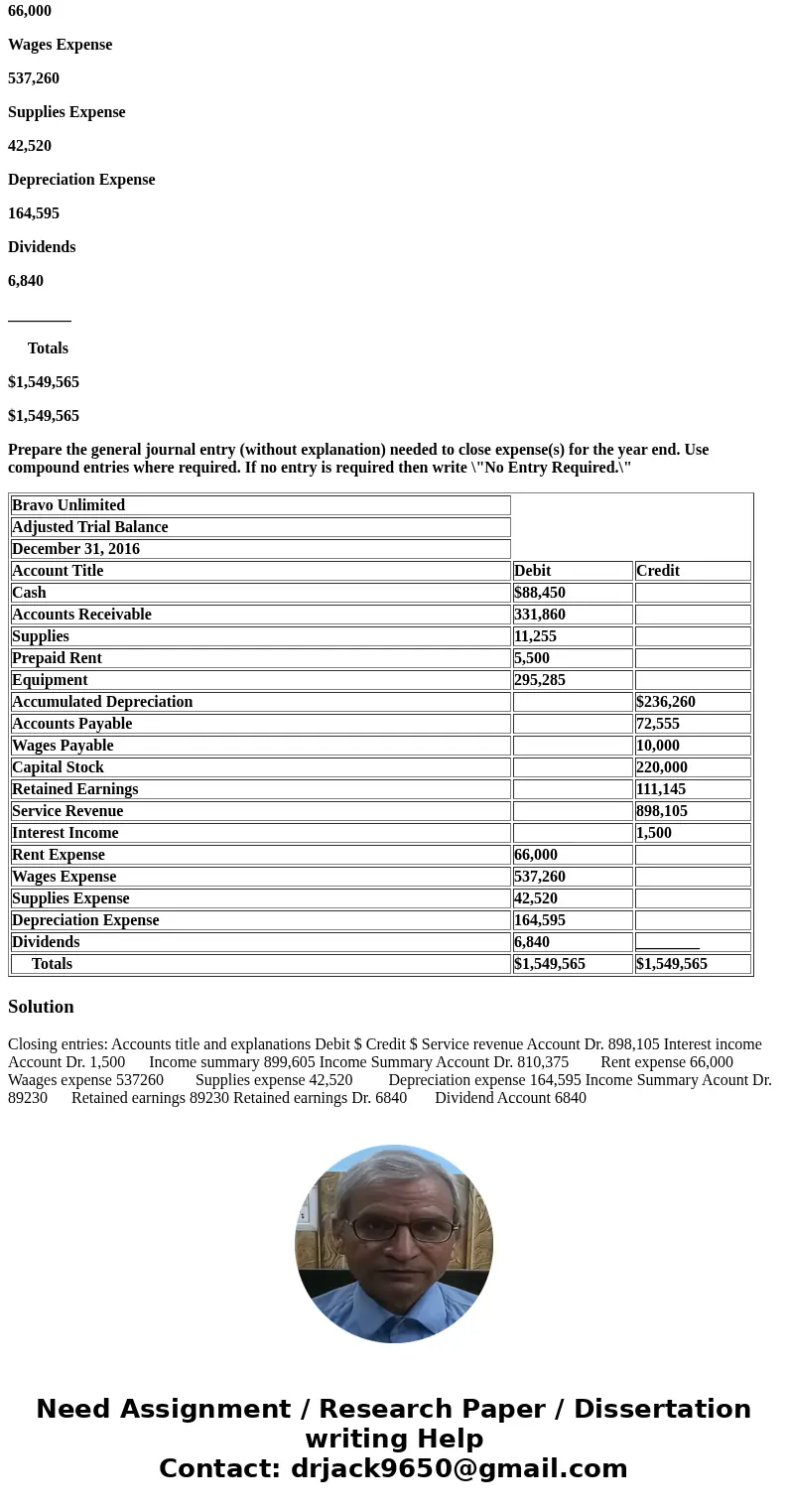 Question 3 (30 points) The following is the Bravo Unlimited adjusted Trial Balance. Bravo Unlimited Adjusted Trial Balance December 31, 2016 Account Title Debit