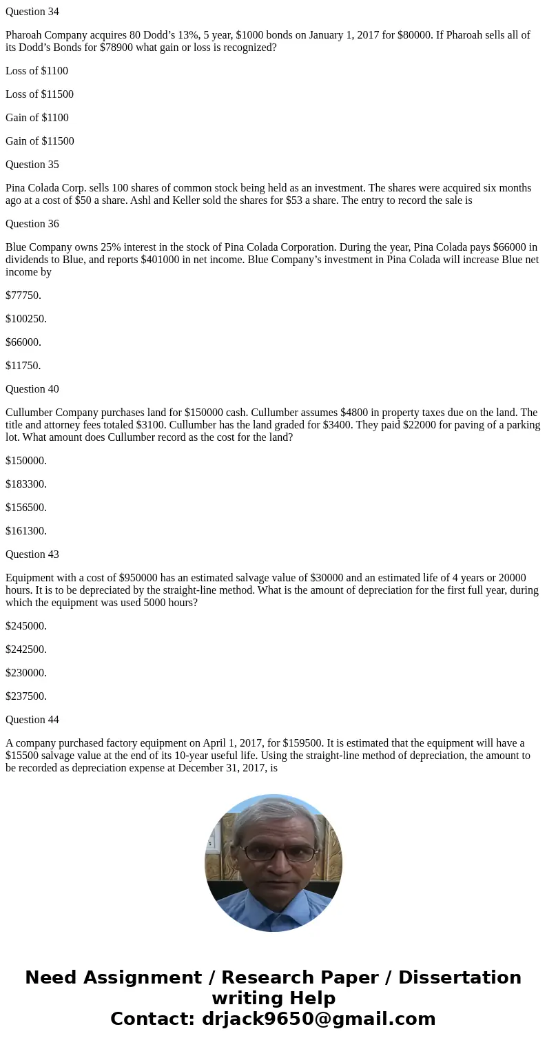 Question 34 Pharoah Company acquires 80 Dodd’s 13%, 5 year, $1000 bonds on January 1, 2017 for $80000. If Pharoah sells all of its Dodd’s Bonds for $78900 what  Question 34 Pharoah Company acquires 80 Dodd’s 13%, 5 year, $1000 bonds on January 1, 2017 for $80000. If Pharoah sells all of its Dodd’s Bonds for $78900 what