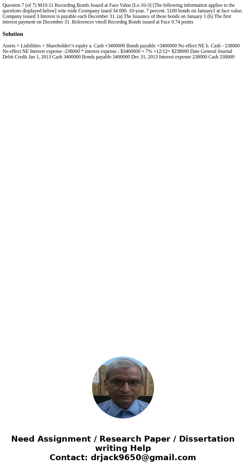  Question 7 (of 7) M10-11 Recording Bonds Issued at Face Value [Lo 10-3] [The following information applies to the questions displayed below] wite rside Ceompan