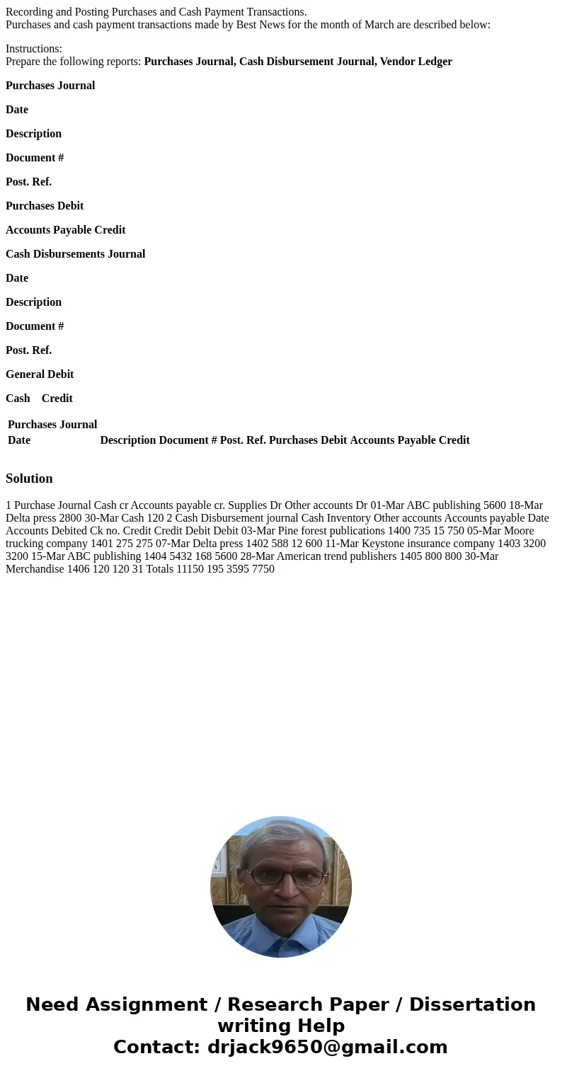 Recording and Posting Purchases and Cash Payment Transactions. Purchases and cash payment transactions made by Best News for the month of March are described be