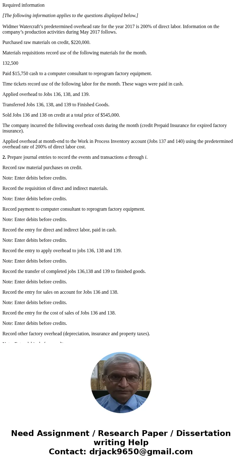 Required information [The following information applies to the questions displayed below.] Widmer Watercraft’s predetermined overhead rate for the year 2017 is 