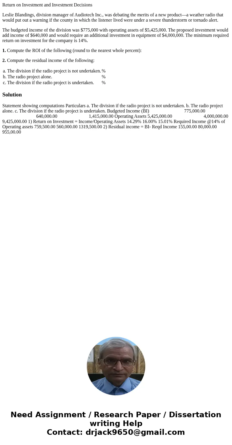 Return on Investment and Investment Decisions Leslie Blandings, division manager of Audiotech Inc., was debating the merits of a new product—a weather radio tha Return on Investment and Investment Decisions Leslie Blandings, division manager of Audiotech Inc., was debating the merits of a new product—a weather radio tha