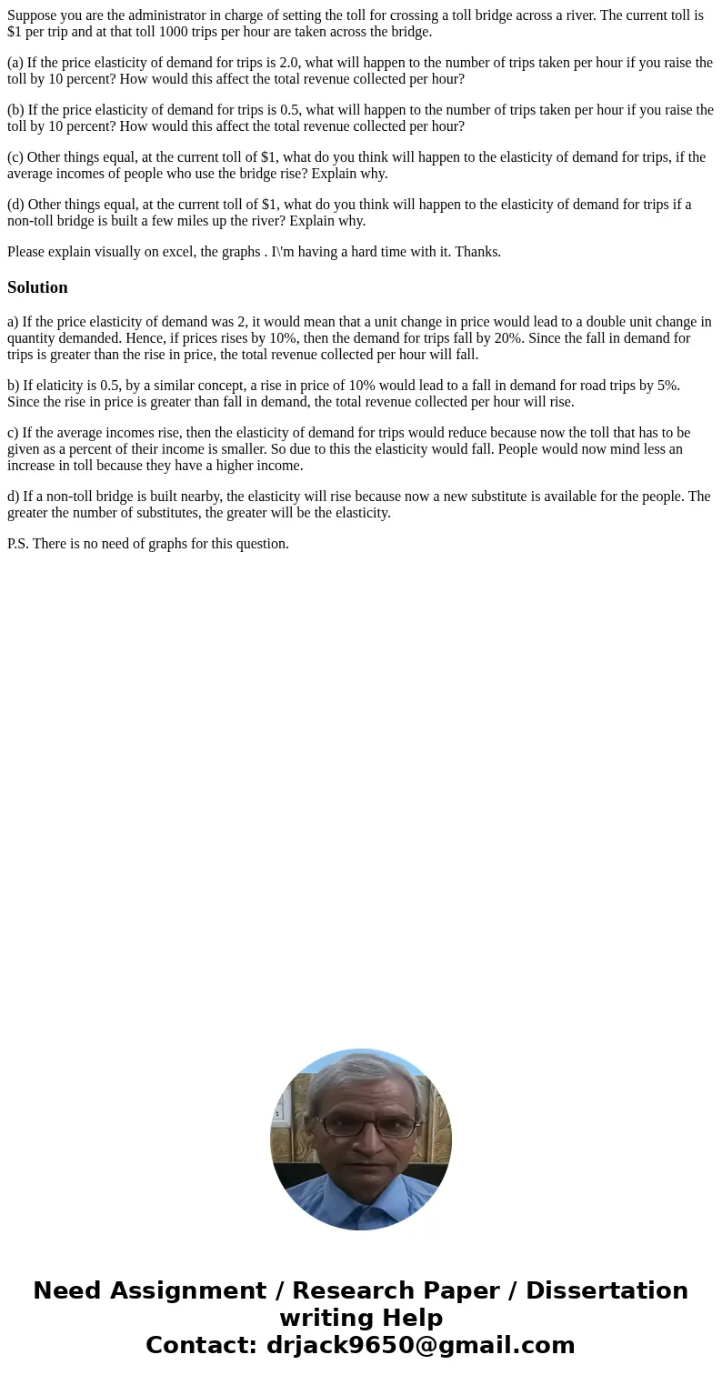 Suppose you are the administrator in charge of setting the toll for crossing a toll bridge across a river. The current toll is $1 per trip and at that toll 1000