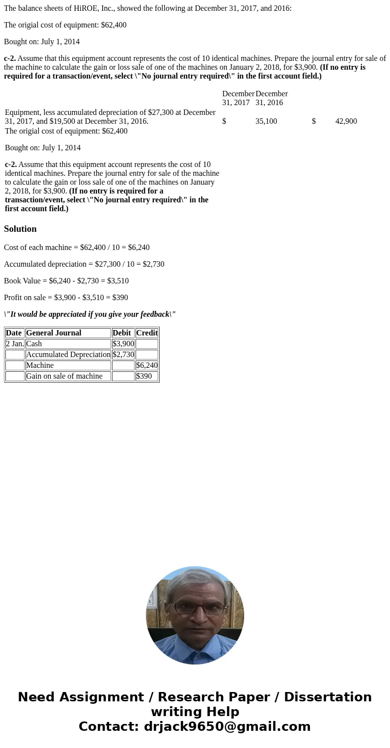 The balance sheets of HiROE, Inc., showed the following at December 31, 2017, and 2016: The origial cost of equipment: $62,400 Bought on: July 1, 2014 c-2. Assu