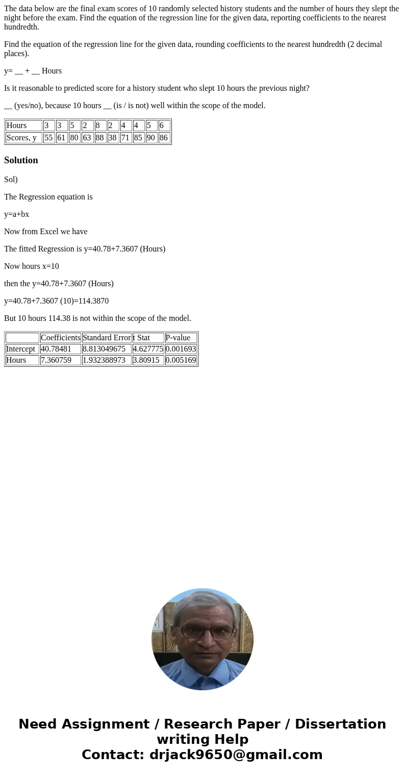 The data below are the final exam scores of 10 randomly selected history students and the number of hours they slept the night before the exam. Find the equatio The data below are the final exam scores of 10 randomly selected history students and the number of hours they slept the night before the exam. Find the equatio