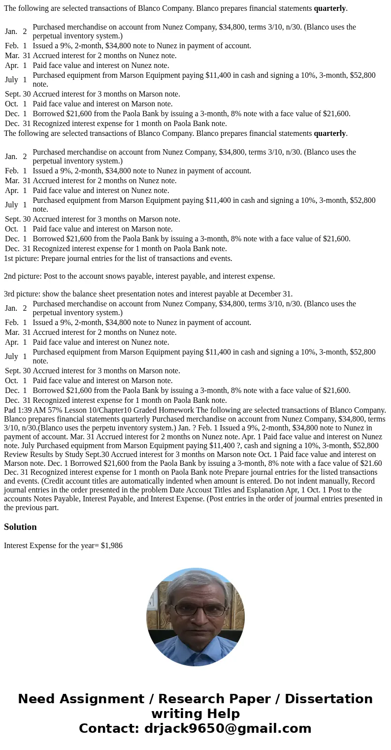 The following are selected transactions of Blanco Company. Blanco prepares financial statements quarterly. Jan. 2 Purchased merchandise on account from Nunez C  The following are selected transactions of Blanco Company. Blanco prepares financial statements quarterly. Jan. 2 Purchased merchandise on account from Nunez C