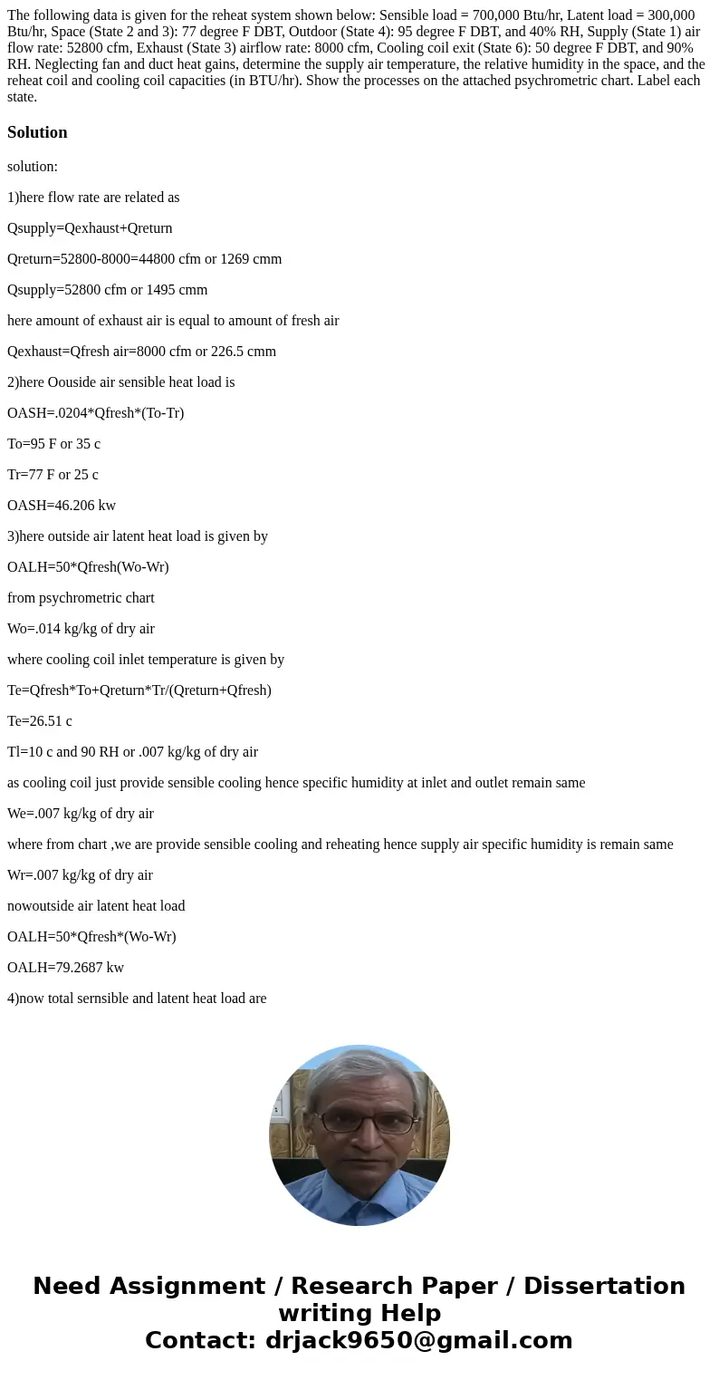 The following data is given for the reheat system shown below: Sensible load = 700,000 Btu/hr, Latent load = 300,000 Btu/hr, Space (State 2 and 3): 77 degree F  The following data is given for the reheat system shown below: Sensible load = 700,000 Btu/hr, Latent load = 300,000 Btu/hr, Space (State 2 and 3): 77 degree F