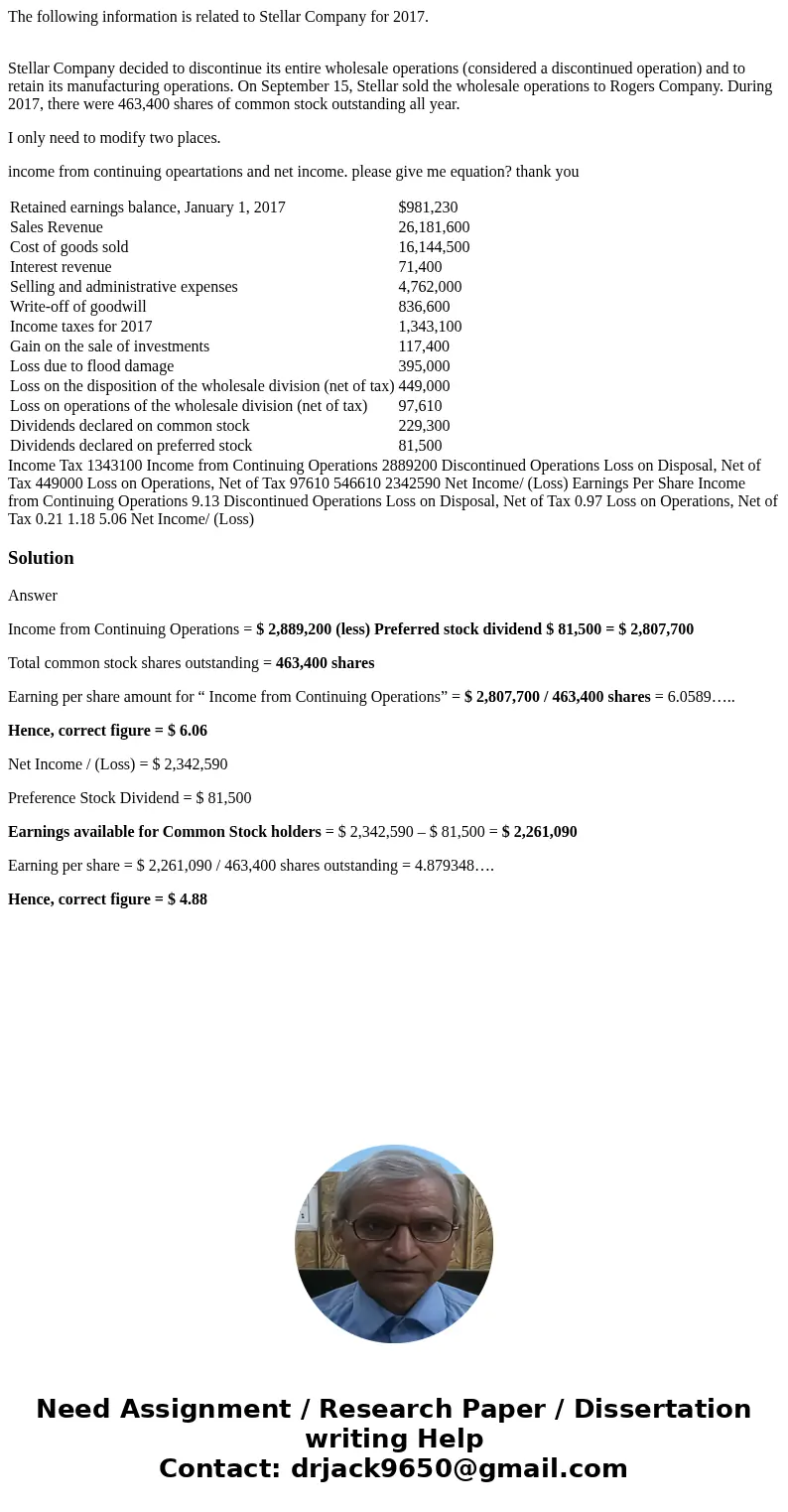 The following information is related to Stellar Company for 2017. Stellar Company decided to discontinue its entire wholesale operations (considered a discontin The following information is related to Stellar Company for 2017. Stellar Company decided to discontinue its entire wholesale operations (considered a discontin