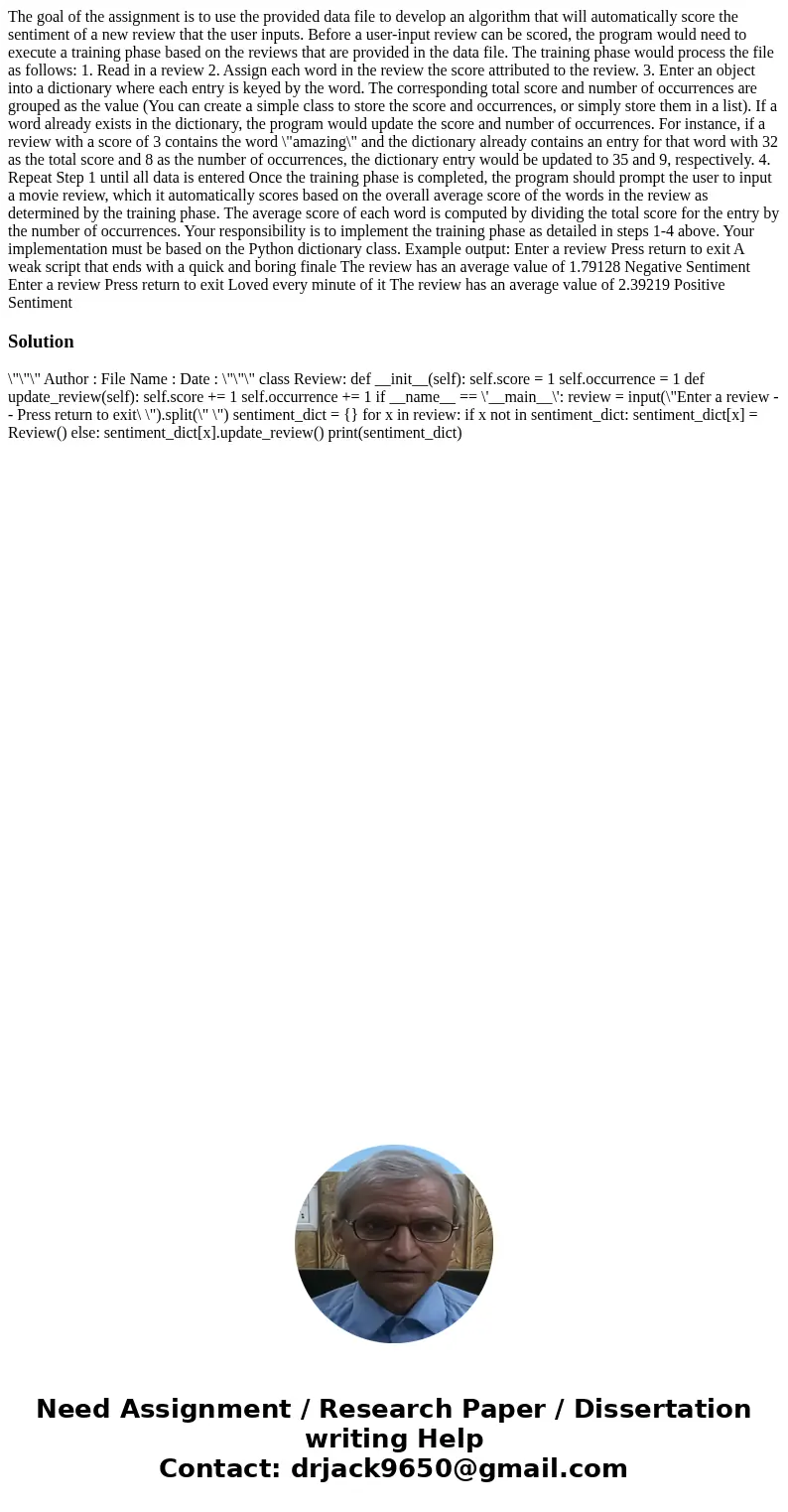 The goal of the assignment is to use the provided data file to develop an algorithm that will automatically score the sentiment of a new review that the user i  The goal of the assignment is to use the provided data file to develop an algorithm that will automatically score the sentiment of a new review that the user i