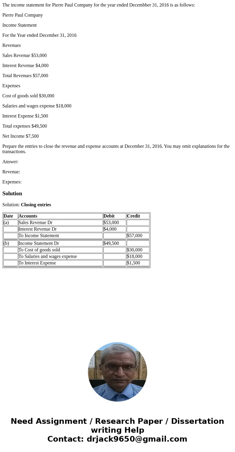 The income statement for Pierre Paul Company for the year ended Decembber 31, 2016 is as follows: Pierre Paul Company Income Statement For the Year ended Decemb The income statement for Pierre Paul Company for the year ended Decembber 31, 2016 is as follows: Pierre Paul Company Income Statement For the Year ended Decemb