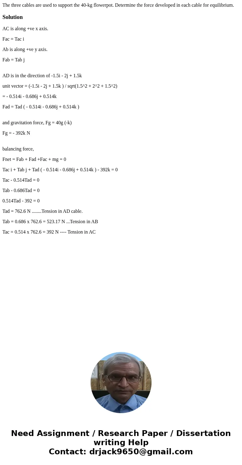 The three cables are used to support the 40-kg flowerpot. Determine the force developed in each cable for equilibrium.SolutionAC is along +ve x axis. Fac = Tac  The three cables are used to support the 40-kg flowerpot. Determine the force developed in each cable for equilibrium.SolutionAC is along +ve x axis. Fac = Tac