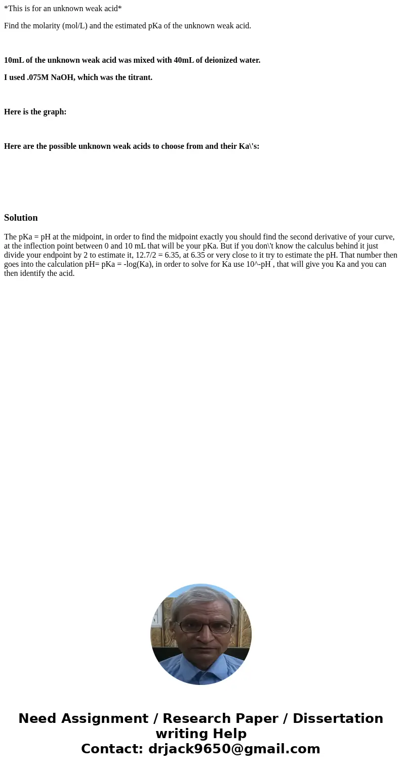 *This is for an unknown weak acid* Find the molarity (mol/L) and the estimated pKa of the unknown weak acid. 10mL of the unknown weak acid was mixed with 40mL o *This is for an unknown weak acid* Find the molarity (mol/L) and the estimated pKa of the unknown weak acid. 10mL of the unknown weak acid was mixed with 40mL o