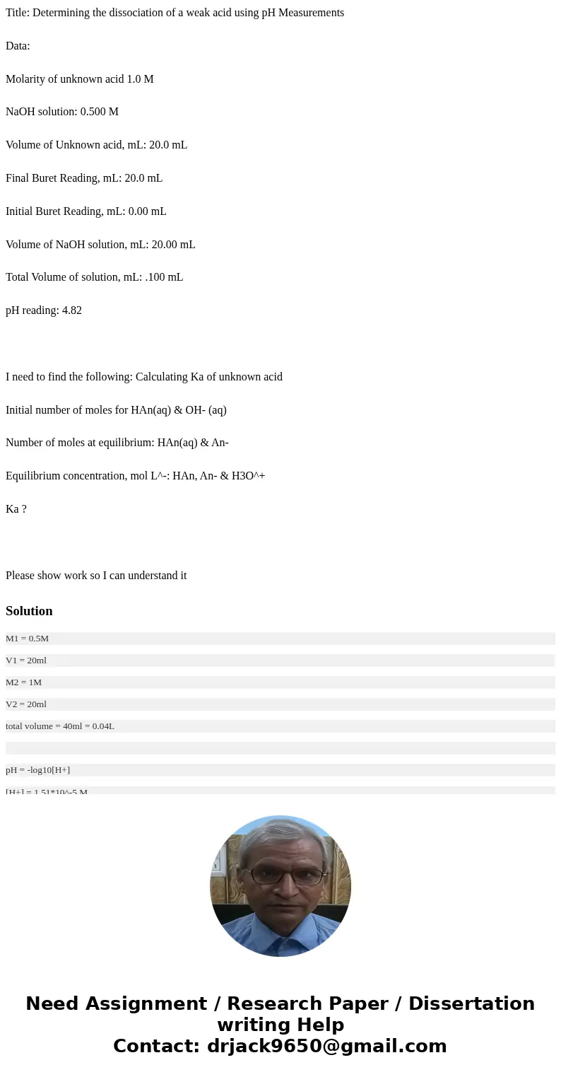 Title: Determining the dissociation of a weak acid using pH Measurements Data: Molarity of unknown acid 1.0 M NaOH solution: 0.500 M Volume of Unknown acid, mL  Title: Determining the dissociation of a weak acid using pH Measurements Data: Molarity of unknown acid 1.0 M NaOH solution: 0.500 M Volume of Unknown acid, mL