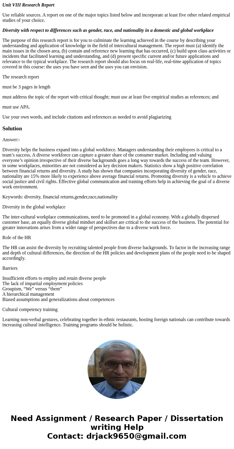 Unit VIII Research Report Use reliable sources. A report on one of the major topics listed below and incorporate at least five other related empirical studies o Unit VIII Research Report Use reliable sources. A report on one of the major topics listed below and incorporate at least five other related empirical studies o
