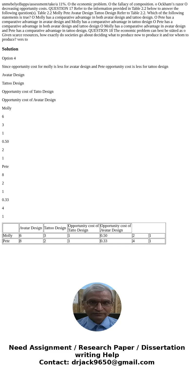  unmebelyeBapps/assessment/take/a 11%. O the economic problem. O the fallacy of composition. o Ockham\'s razor O decreasing opportunity costs. QUESTION 17 Refer