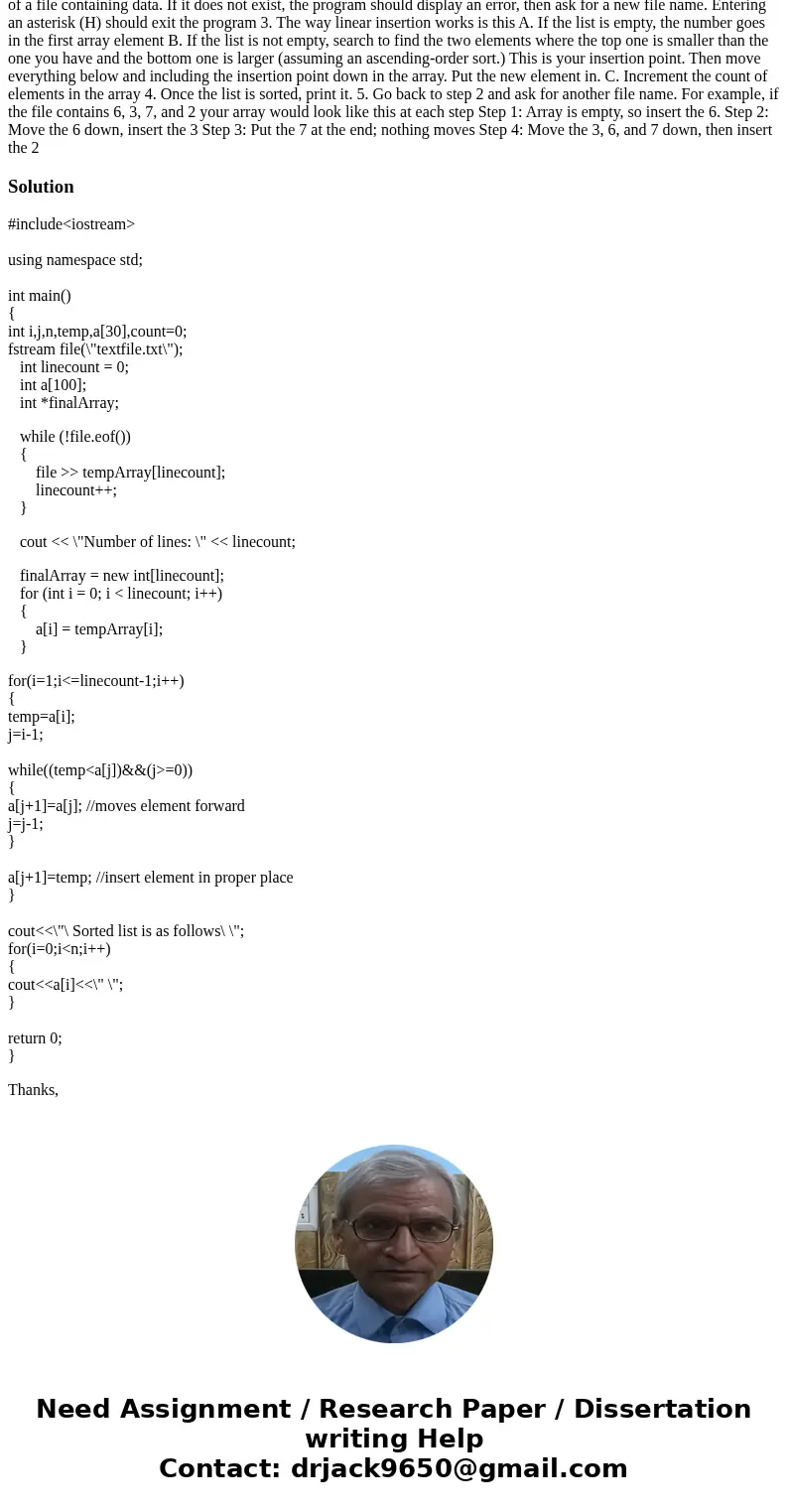 use c++ write this program test your program with this file Assignment 3: Linear Insertion Sort We have talked about two sorting algorithms, Bubble Sort and Sel use c++ write this program test your program with this file Assignment 3: Linear Insertion Sort We have talked about two sorting algorithms, Bubble Sort and Sel
