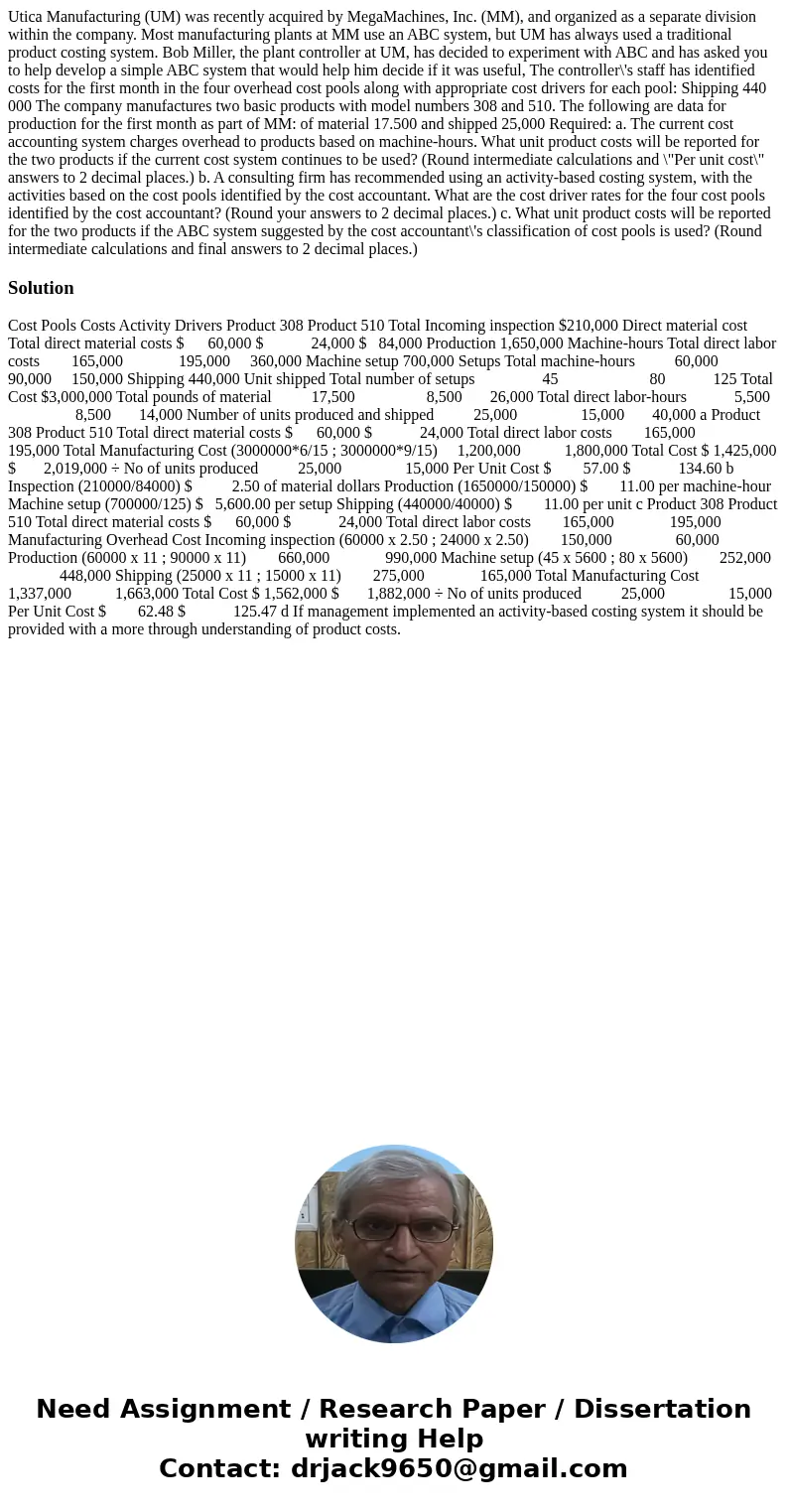 Utica Manufacturing (UM) was recently acquired by MegaMachines, Inc. (MM), and organized as a separate division within the company. Most manufacturing plants a  Utica Manufacturing (UM) was recently acquired by MegaMachines, Inc. (MM), and organized as a separate division within the company. Most manufacturing plants a