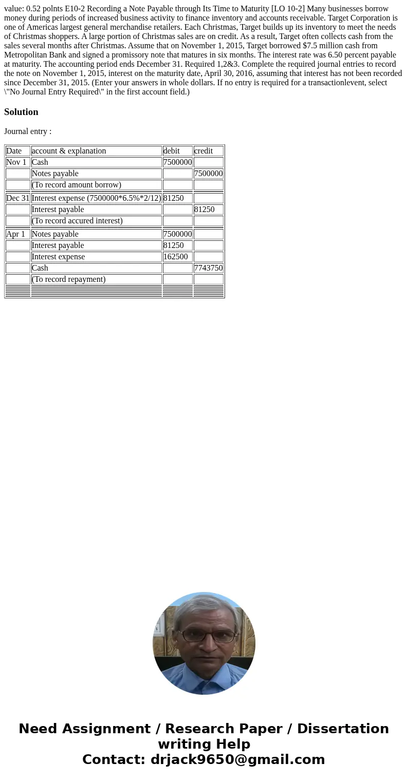  value: 0.52 polnts E10-2 Recording a Note Payable through Its Time to Maturity [LO 10-2] Many businesses borrow money during periods of increased business acti