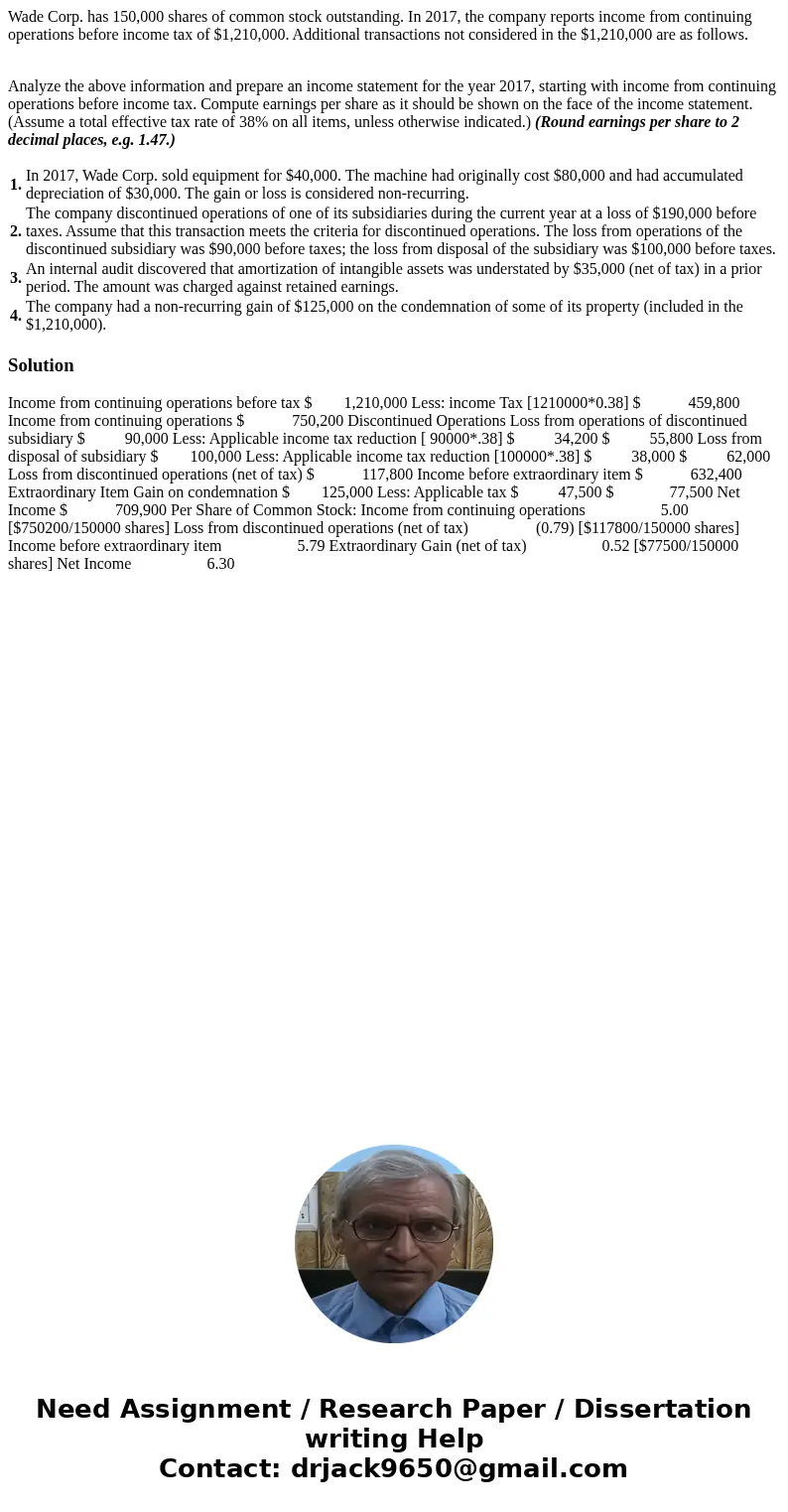 Wade Corp. has 150,000 shares of common stock outstanding. In 2017, the company reports income from continuing operations before income tax of $1,210,000. Addit Wade Corp. has 150,000 shares of common stock outstanding. In 2017, the company reports income from continuing operations before income tax of $1,210,000. Addit