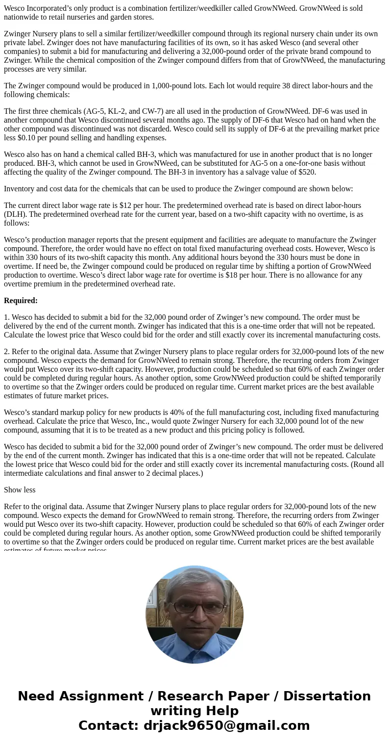 Wesco Incorporated’s only product is a combination fertilizer/weedkiller called GrowNWeed. GrowNWeed is sold nationwide to retail nurseries and garden stores. Z