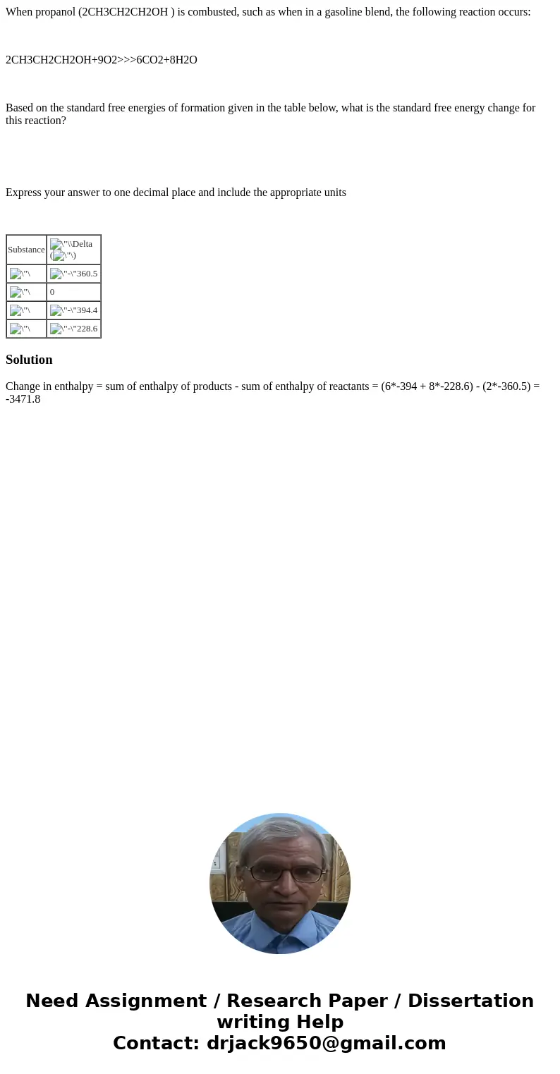 When propanol (2CH3CH2CH2OH ) is combusted, such as when in a gasoline blend, the following reaction occurs: 2CH3CH2CH2OH+9O2>>>6CO2+8H2O Based on the  When propanol (2CH3CH2CH2OH ) is combusted, such as when in a gasoline blend, the following reaction occurs: 2CH3CH2CH2OH+9O2>>>6CO2+8H2O Based on the