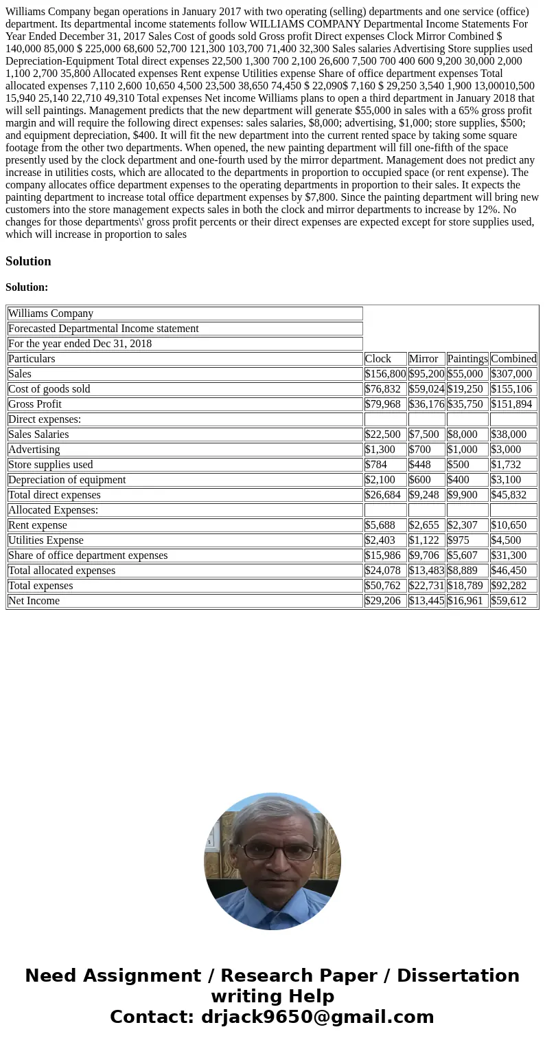  Williams Company began operations in January 2017 with two operating (selling) departments and one service (office) department. Its departmental income stateme
