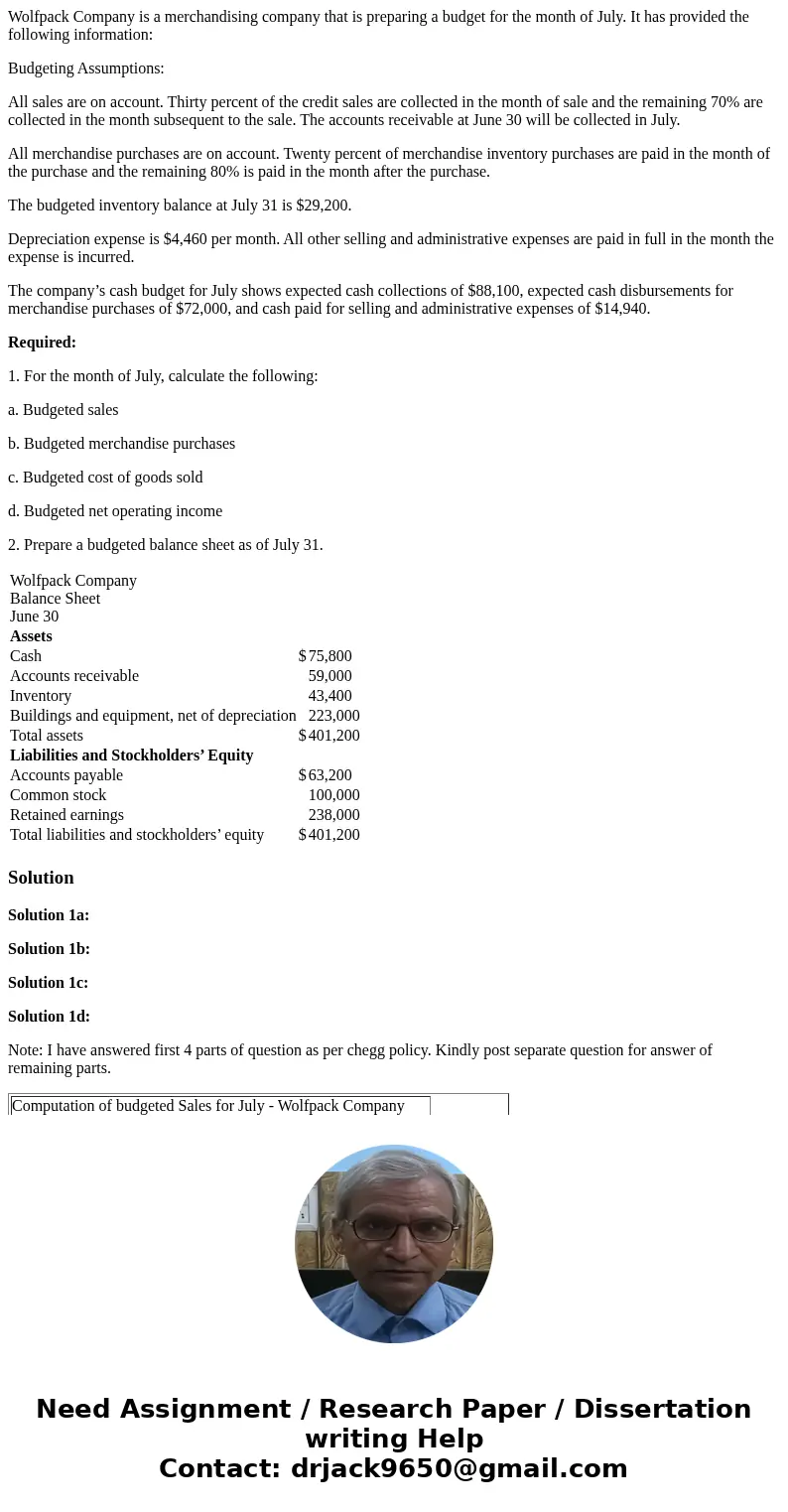 Wolfpack Company is a merchandising company that is preparing a budget for the month of July. It has provided the following information: Budgeting Assumptions: 