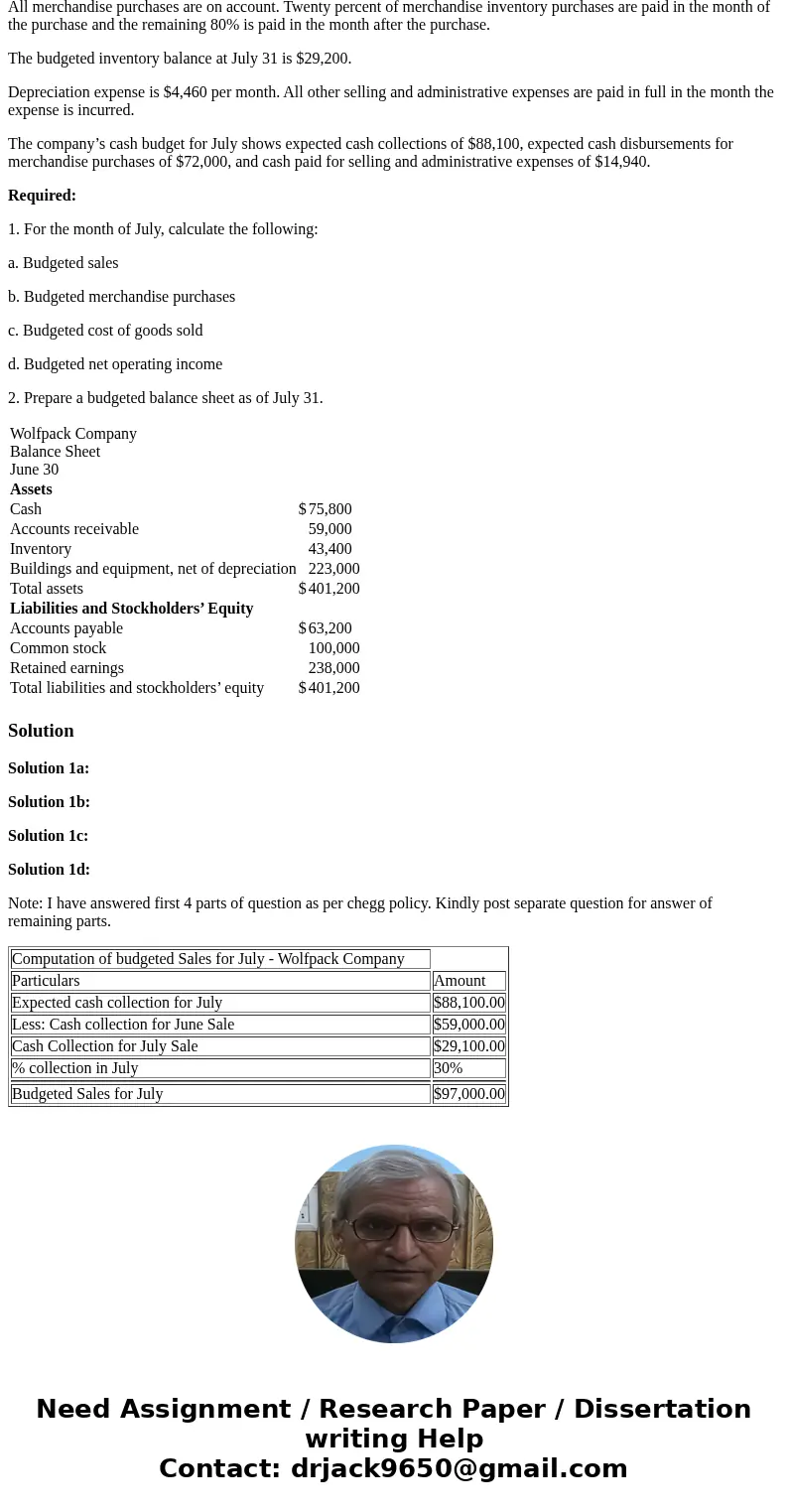 Wolfpack Company is a merchandising company that is preparing a budget for the month of July. It has provided the following information: Budgeting Assumptions: 
