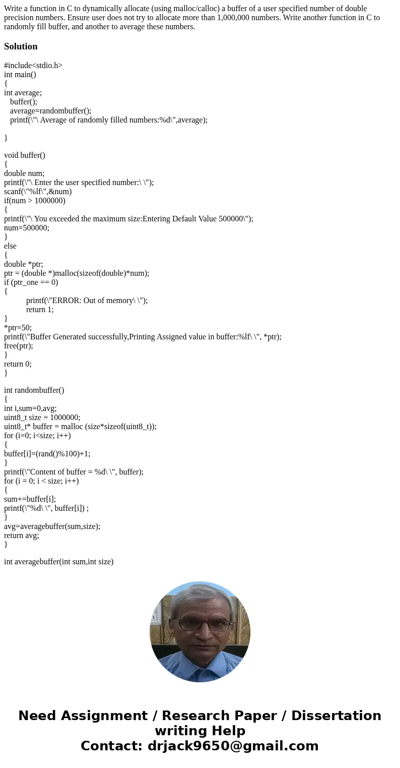 Write a function in C to dynamically allocate (using malloc/calloc) a buffer of a user specified number of double precision numbers. Ensure user does not try to