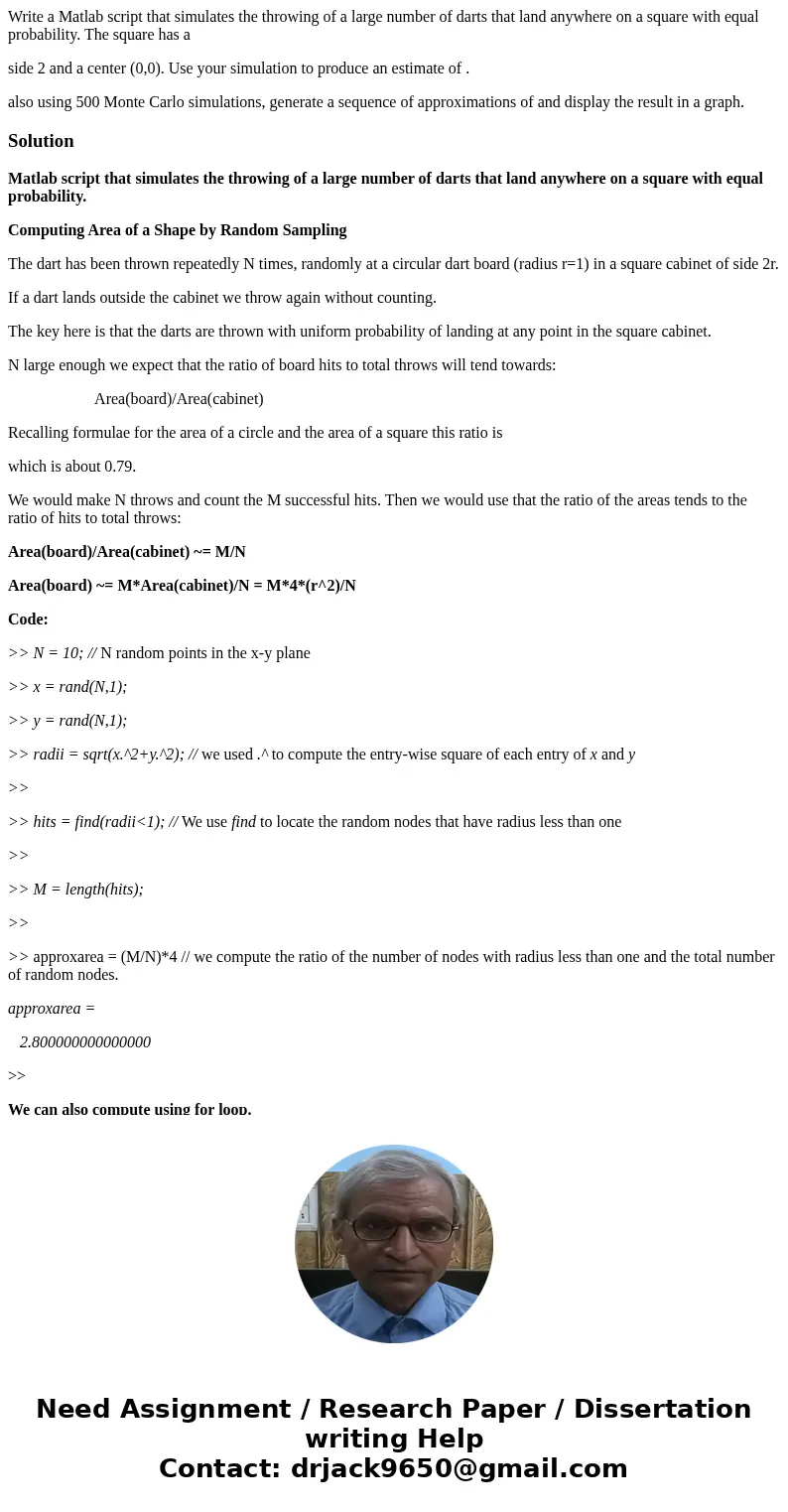 Write a Matlab script that simulates the throwing of a large number of darts that land anywhere on a square with equal probability. The square has a side 2 and  Write a Matlab script that simulates the throwing of a large number of darts that land anywhere on a square with equal probability. The square has a side 2 and