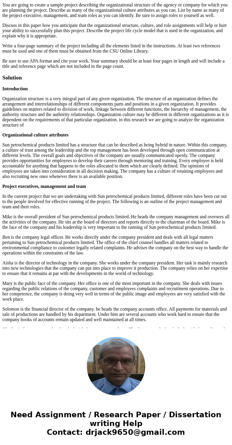 You are going to create a sample project describing the organizational structure of the agency or company for which you are planning the project. Describe as ma You are going to create a sample project describing the organizational structure of the agency or company for which you are planning the project. Describe as ma