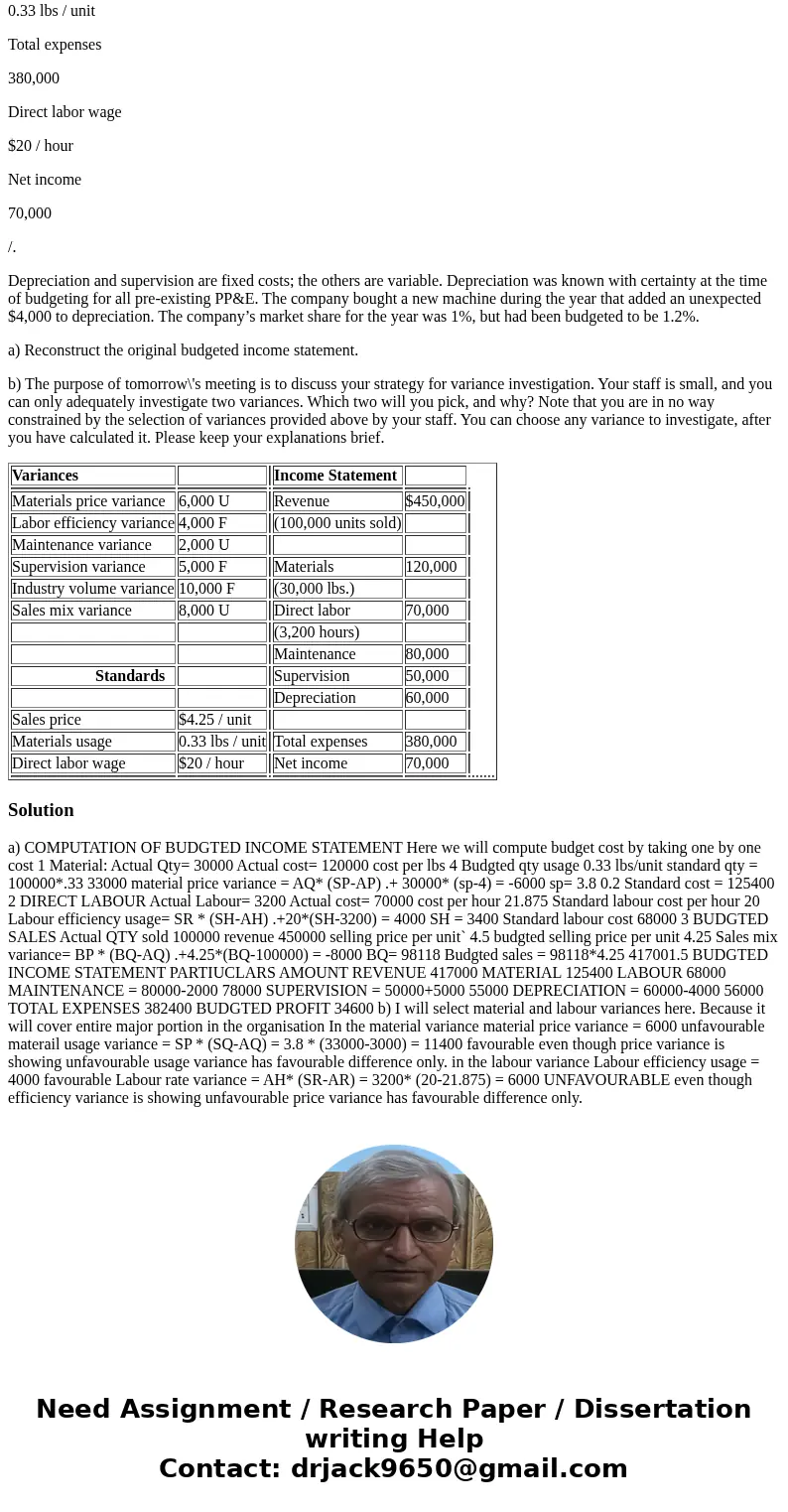 You\'re the controller at X Corp. Your accounting staff has just provided you with a list of variance calculations that you requested. Unfortunately, they forgo