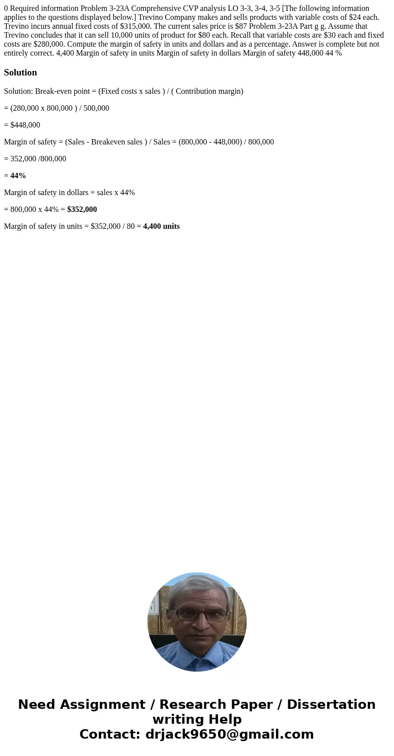  0 Required information Problem 3-23A Comprehensive CVP analysis LO 3-3, 3-4, 3-5 [The following information applies to the questions displayed below.] Trevino 