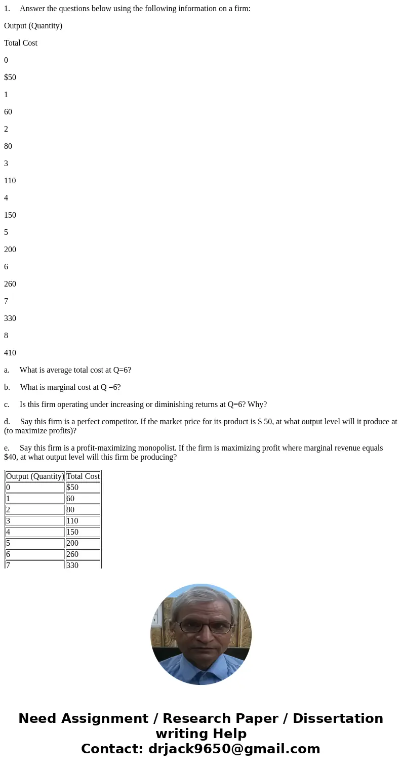 1. Answer the questions below using the following information on a firm: Output (Quantity) Total Cost 0 $50 1 60 2 80 3 110 4 150 5 200 6 260 7 330 8 410 a. Wha 1. Answer the questions below using the following information on a firm: Output (Quantity) Total Cost 0 $50 1 60 2 80 3 110 4 150 5 200 6 260 7 330 8 410 a. Wha