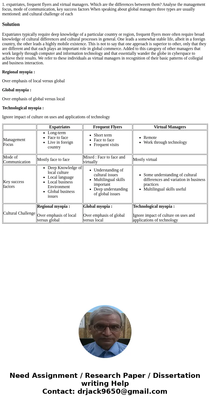  1. expatriates, frequent flyers and virtual managers. Which are the differences betweern them? Analyse the management focus, mode of communication, key success