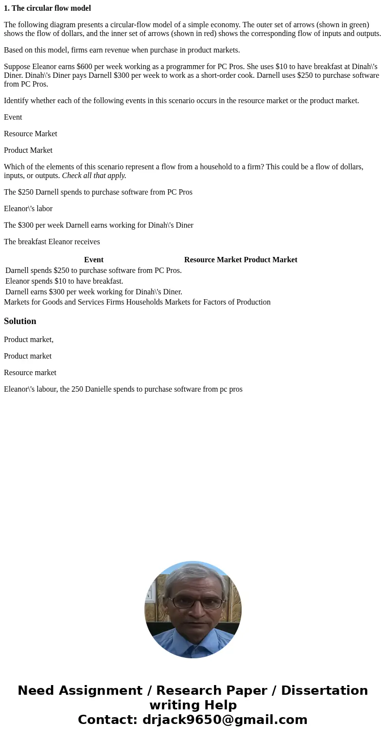 1. The circular flow model The following diagram presents a circular-flow model of a simple economy. The outer set of arrows (shown in green) shows the flow of  1. The circular flow model The following diagram presents a circular-flow model of a simple economy. The outer set of arrows (shown in green) shows the flow of