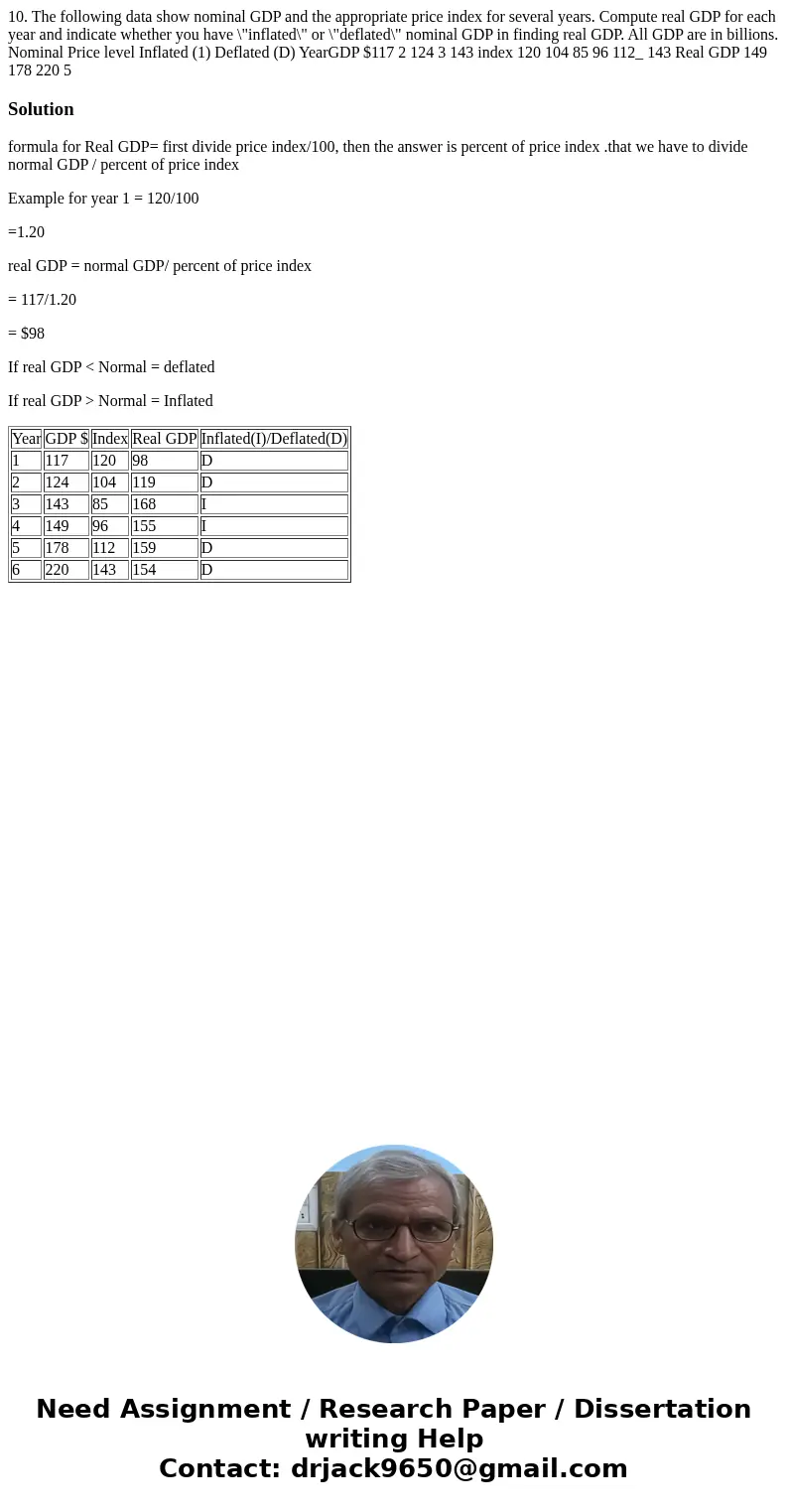  10. The following data show nominal GDP and the appropriate price index for several years. Compute real GDP for each year and indicate whether you have \