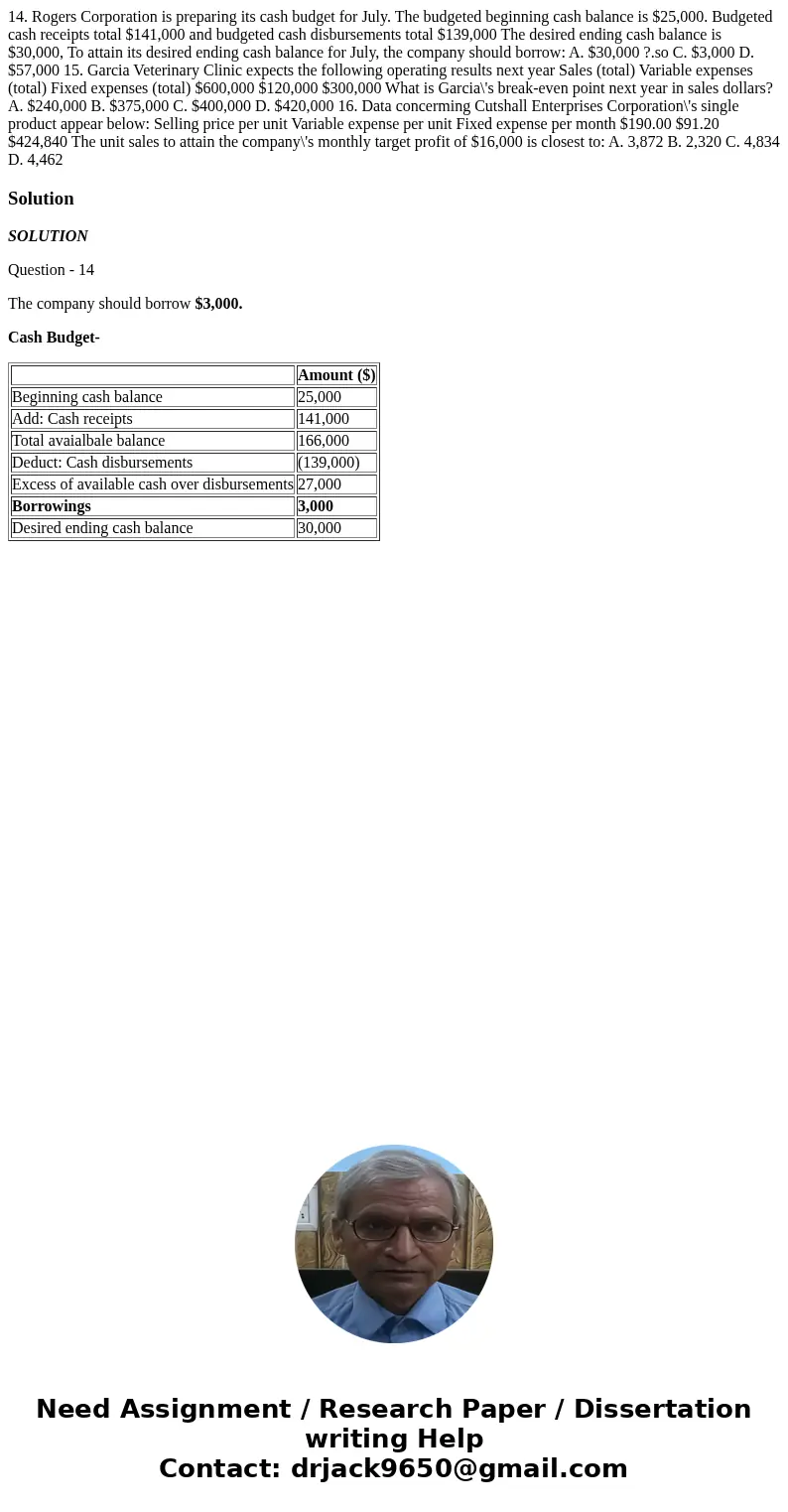 14. Rogers Corporation is preparing its cash budget for July. The budgeted beginning cash balance is $25,000. Budgeted cash receipts total $141,000 and budgete  14. Rogers Corporation is preparing its cash budget for July. The budgeted beginning cash balance is $25,000. Budgeted cash receipts total $141,000 and budgete