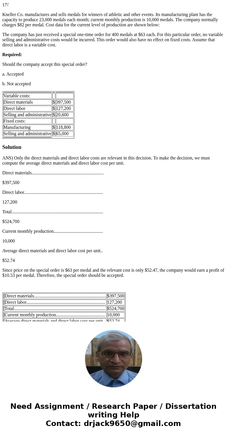 17\' Kneller Co. manufactures and sells medals for winners of athletic and other events. Its manufacturing plant has the capacity to produce 23,000 medals each 