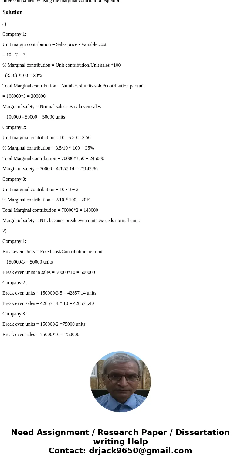 4. For the following 3 companies li sted: Company2 70,000 $10.00 6.50 150,000 Company 1 Company 3 Number of Units Sold Unit Selling Price Unit Variable Cost Fi  4. For the following 3 companies li sted: Company2 70,000 $10.00 6.50 150,000 Company 1 Company 3 Number of Units Sold Unit Selling Price Unit Variable Cost Fi