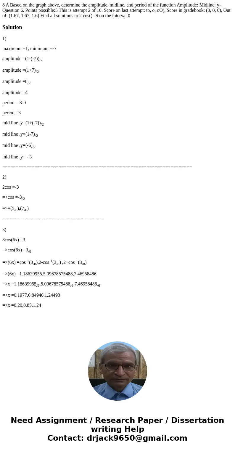  8 A Based on the graph above, determine the amplitude, midline, and period of the function Amplitude: Midline: y- Question 6. Points possible:5 This is attempt