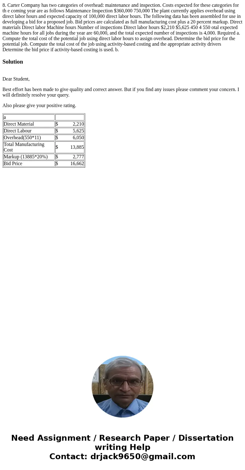 8. Carter Company has two categories of overhead: maintenance and inspection. Costs expected for these categories for th e coming year are as follows Maintenan  8. Carter Company has two categories of overhead: maintenance and inspection. Costs expected for these categories for th e coming year are as follows Maintenan