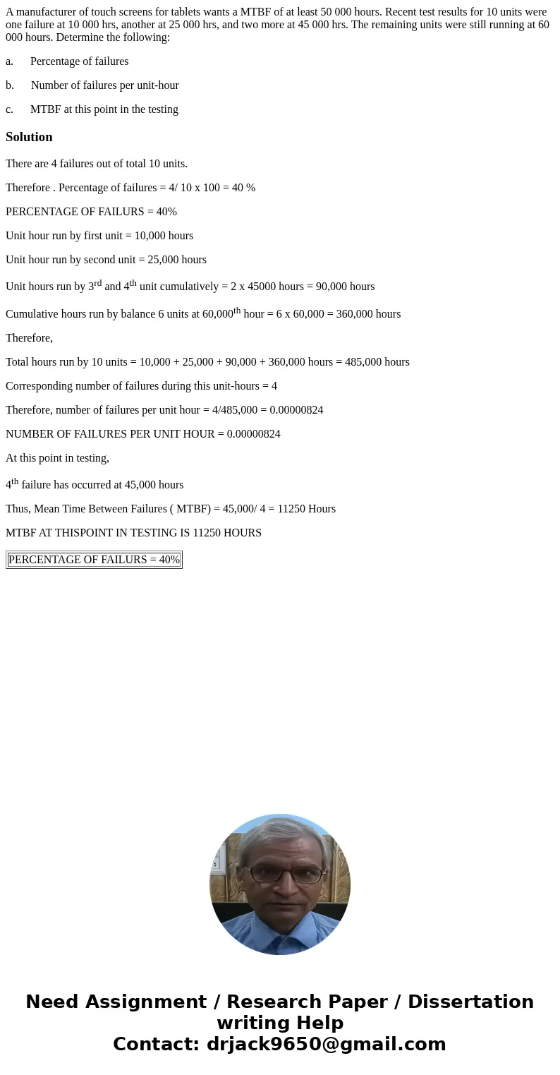 A manufacturer of touch screens for tablets wants a MTBF of at least 50 000 hours. Recent test results for 10 units were one failure at 10 000 hrs, another at 2 A manufacturer of touch screens for tablets wants a MTBF of at least 50 000 hours. Recent test results for 10 units were one failure at 10 000 hrs, another at 2