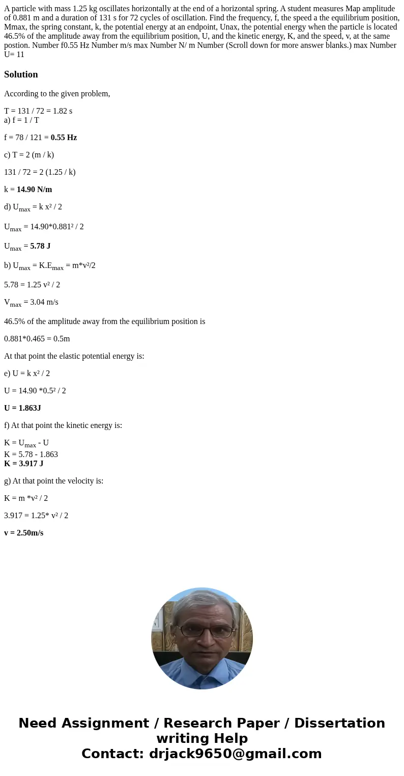 A particle with mass 1.25 kg oscillates horizontally at the end of a horizontal spring. A student measures Map amplitude of 0.881 m and a duration of 131 s for  A particle with mass 1.25 kg oscillates horizontally at the end of a horizontal spring. A student measures Map amplitude of 0.881 m and a duration of 131 s for