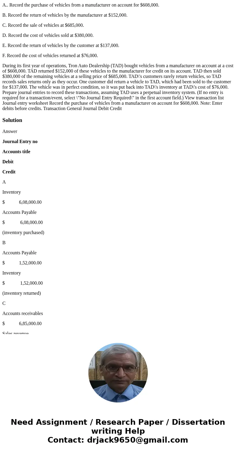A.. Record the purchase of vehicles from a manufacturer on account for $608,000. B. Record the return of vehicles by the manufacturer at $152,000. C. Record the
