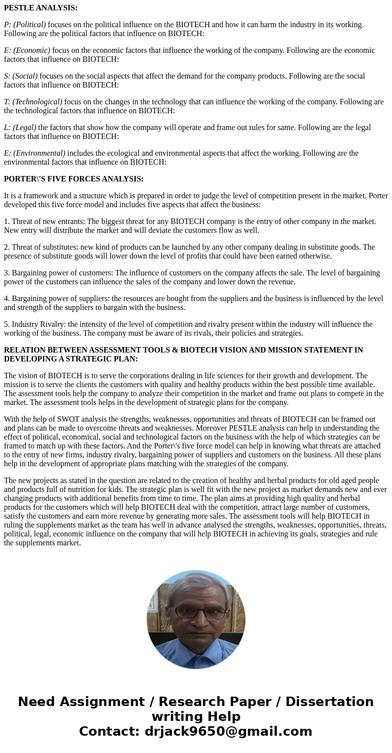 A SWOT analysis, a PESTLE analysis and a Porter\'s Five Forces analysis for BIOTECH. You will then discuss the relationship between these assessment tools and t