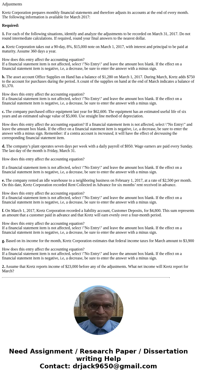 Adjustments Kretz Corporation prepares monthly financial statements and therefore adjusts its accounts at the end of every month. The following information is a