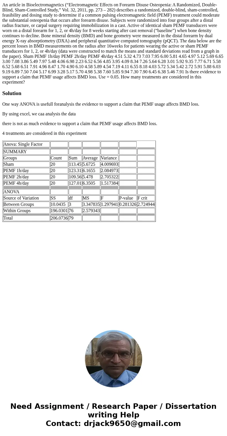 An article in Bioelectromagnetics (“Electromagnetic Effects on Forearm Disuse Osteopenia: A Randomized, Double-Blind, Sham-Controlled Study,” Vol. 32, 2011, pp.